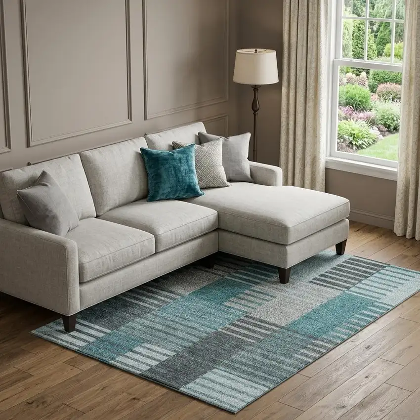 Teal Ivory And Gray Striped Washable Area Rug With UV Protection Photo 1