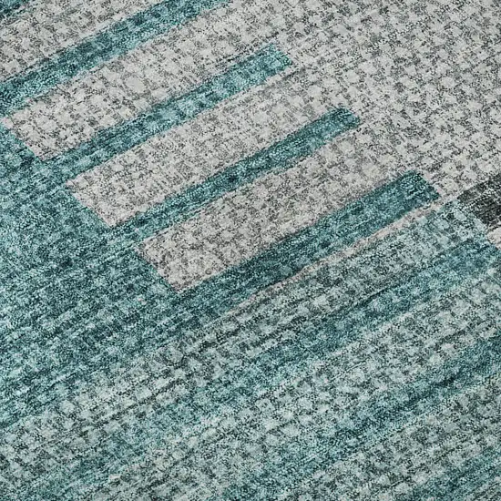 Teal Ivory And Gray Striped Washable Area Rug With UV Protection Photo 9