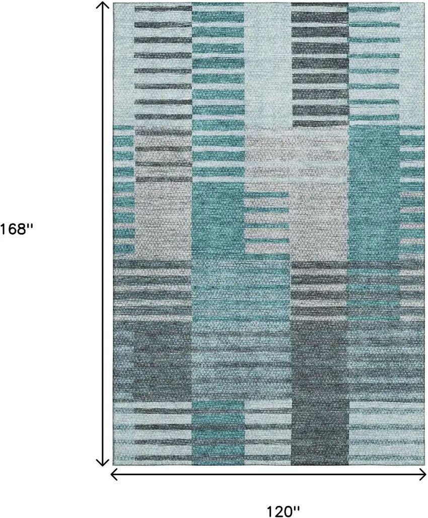 Teal Ivory And Gray Striped Washable Area Rug With UV Protection Photo 3