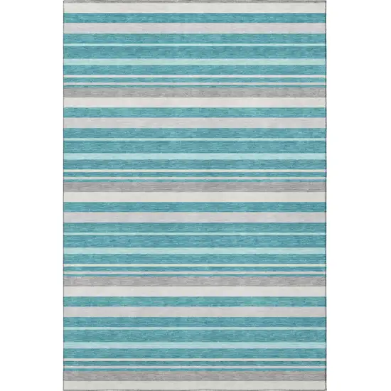 Teal Ivory And Gray Striped Washable Area Rug With UV Protection Photo 4