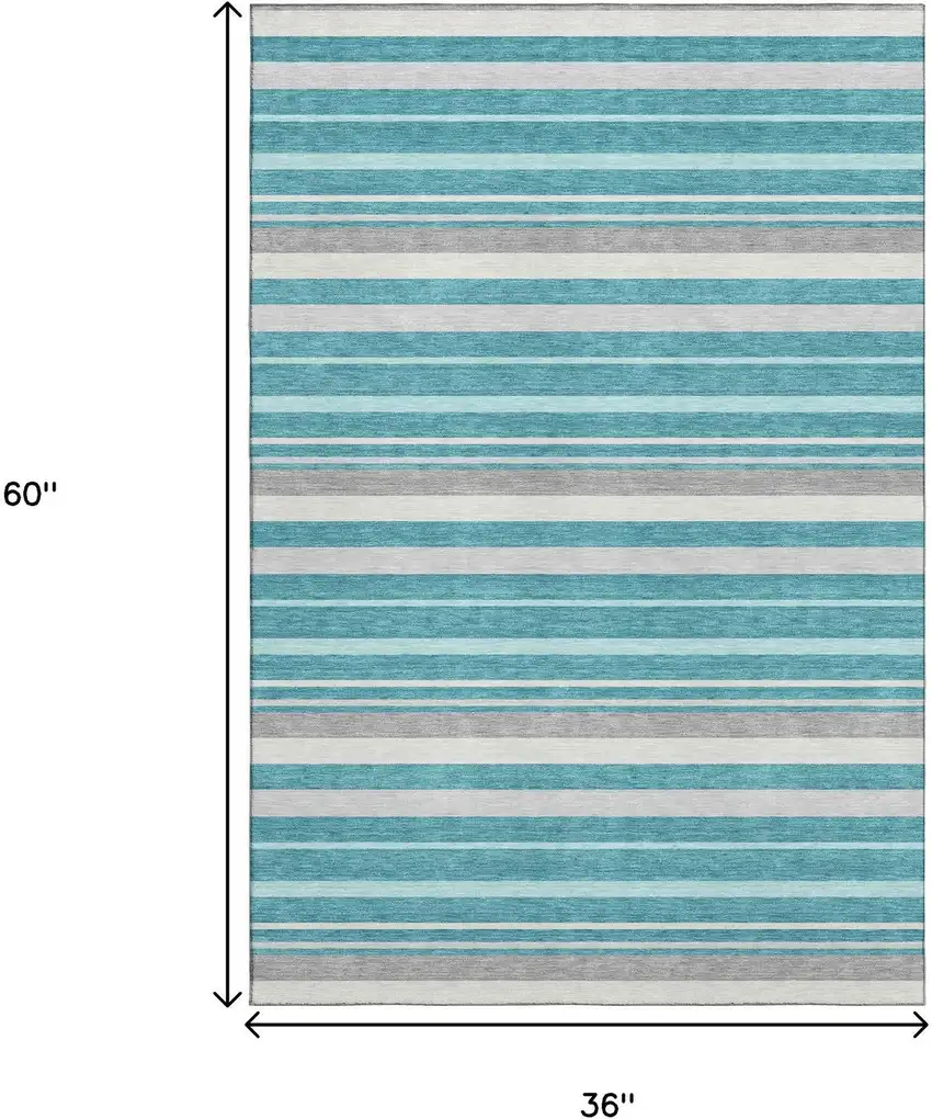 Teal Ivory And Gray Striped Washable Area Rug With UV Protection Photo 3
