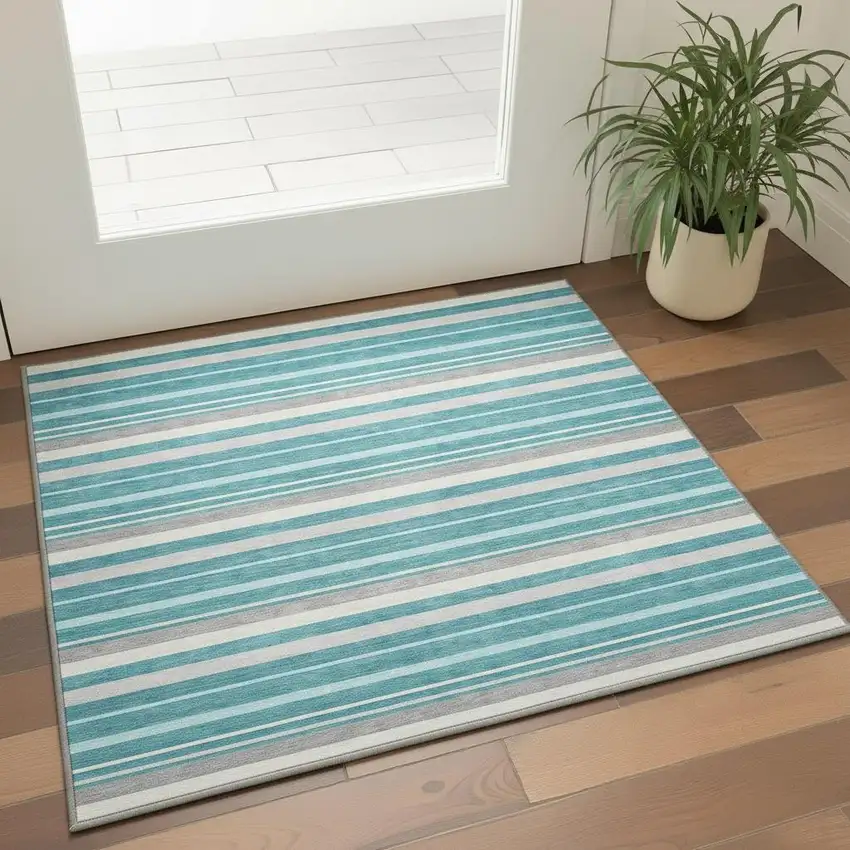 Teal Ivory And Gray Striped Washable Area Rug With UV Protection Photo 2
