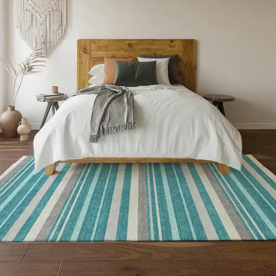 Teal Ivory And Gray Striped Washable Area Rug With UV Protection Photo 6