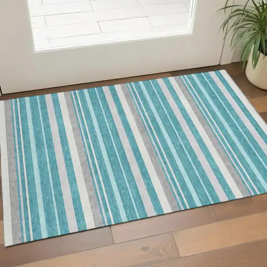 Teal Ivory And Gray Striped Washable Area Rug With UV Protection Photo 1