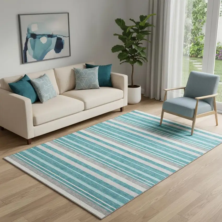 Teal Ivory And Gray Striped Washable Area Rug With UV Protection Photo 1