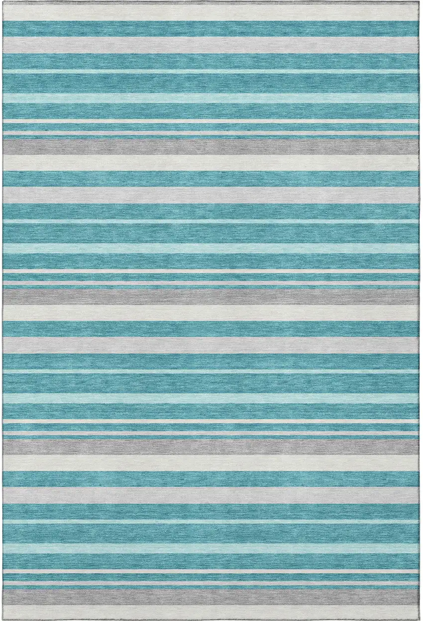 Teal Ivory And Gray Striped Washable Area Rug With UV Protection Photo 4