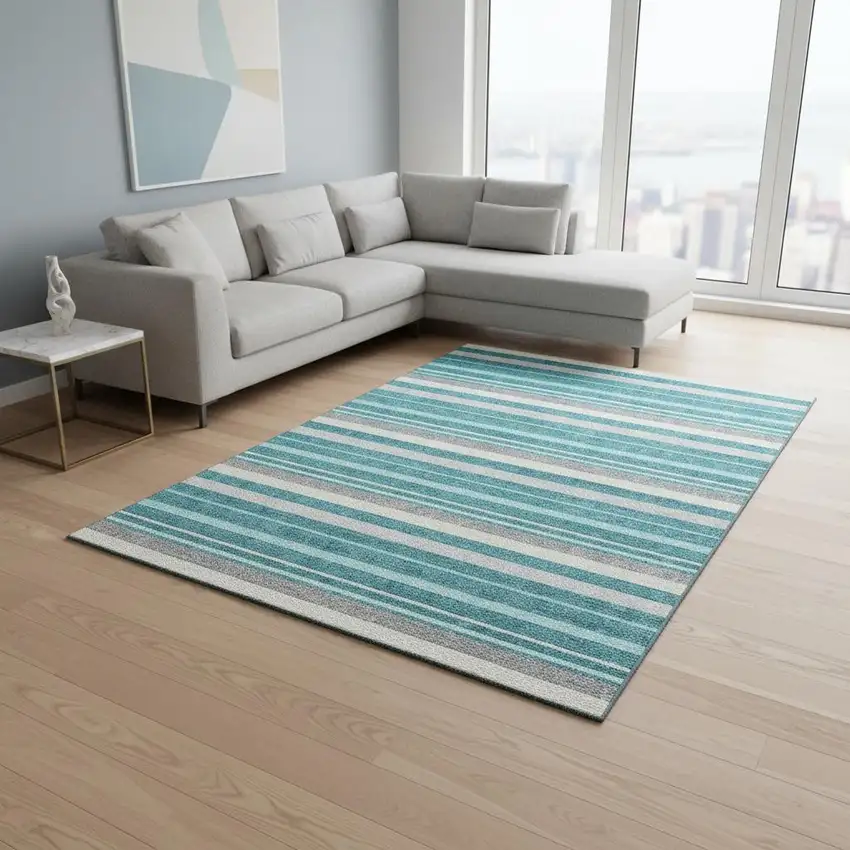 Teal Ivory And Gray Striped Washable Area Rug With UV Protection Photo 2
