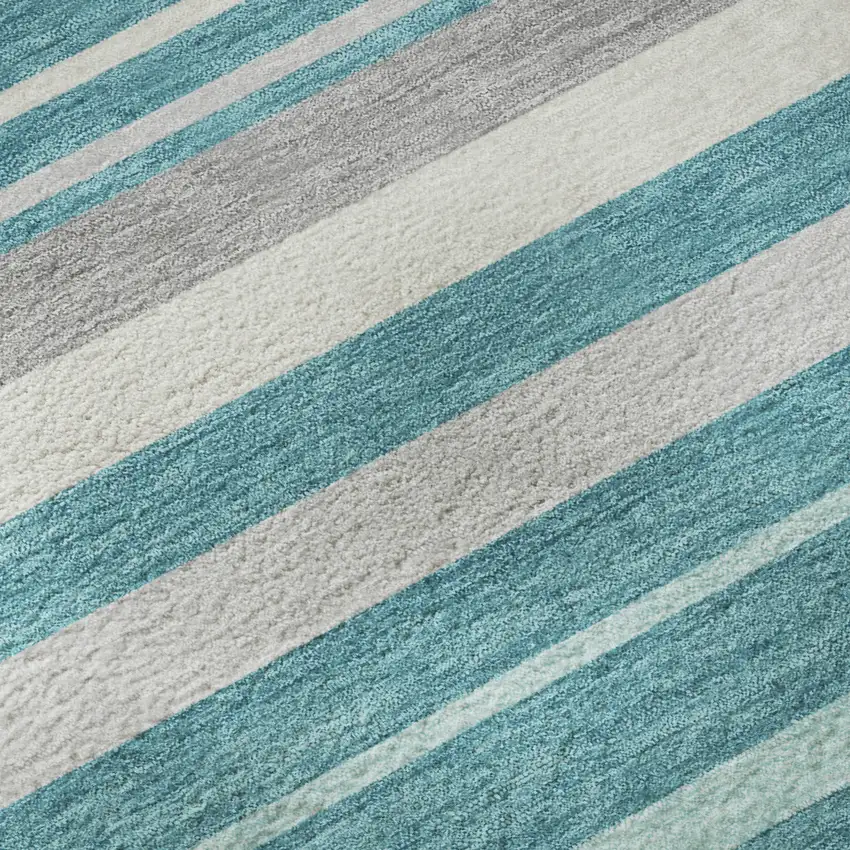 Teal Ivory And Gray Striped Washable Area Rug With UV Protection Photo 8