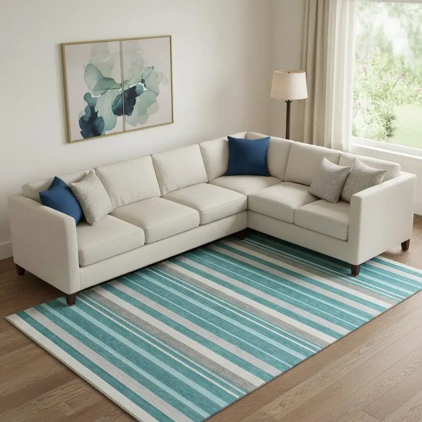 Teal Ivory And Gray Striped Washable Area Rug With UV Protection Photo 1