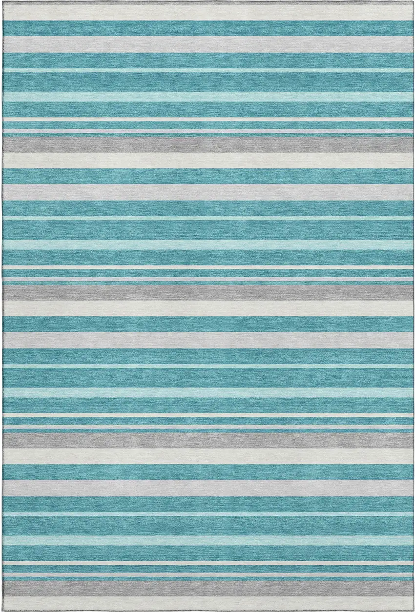 Teal Ivory And Gray Striped Washable Area Rug With UV Protection Photo 1