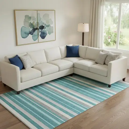 Teal Ivory And Gray Striped Washable Area Rug With UV Protection Photo 1