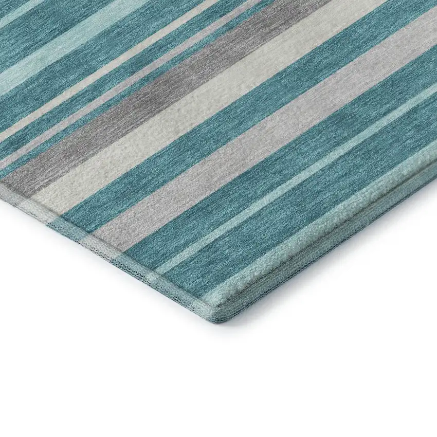 Teal Ivory And Gray Striped Washable Area Rug With UV Protection Photo 8