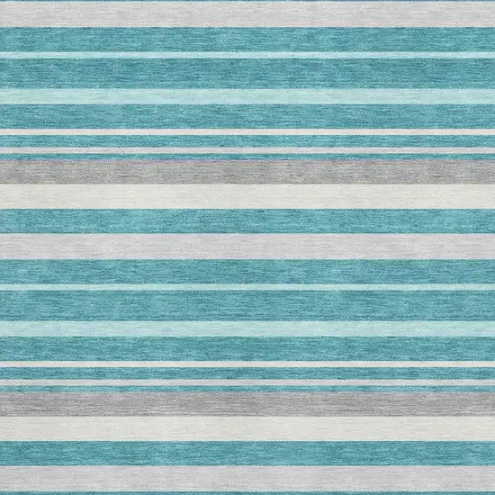 Teal Ivory And Gray Striped Washable Area Rug With UV Protection Photo 3