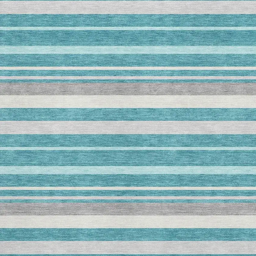 Teal Ivory And Gray Striped Washable Area Rug With UV Protection Photo 3