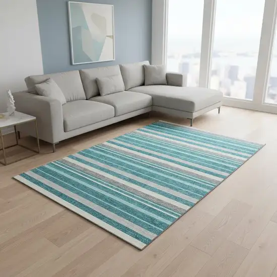 Teal Ivory And Gray Striped Washable Area Rug With UV Protection Photo 2