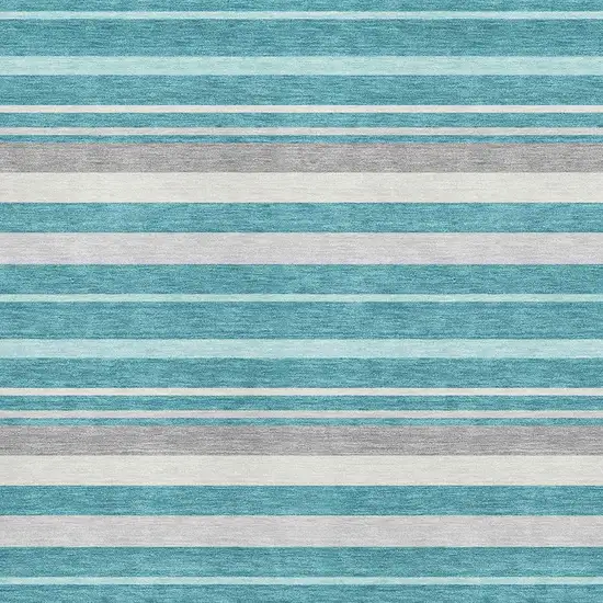 Teal Ivory And Gray Striped Washable Area Rug With UV Protection Photo 3