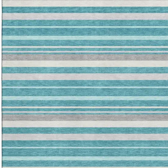 Teal Ivory And Gray Striped Washable Area Rug With UV Protection Photo 4
