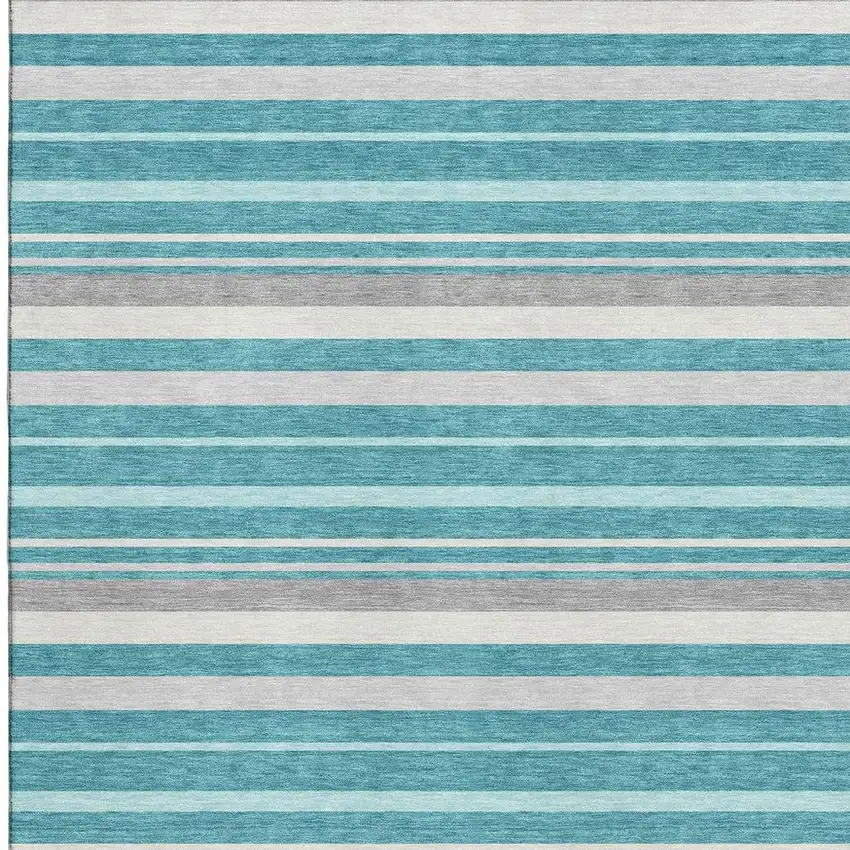 Teal Ivory And Gray Striped Washable Area Rug With UV Protection Photo 4