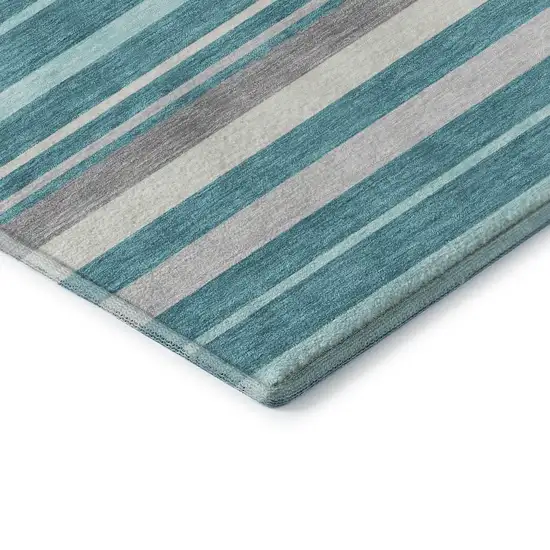 Teal Ivory And Gray Striped Washable Area Rug With UV Protection Photo 8