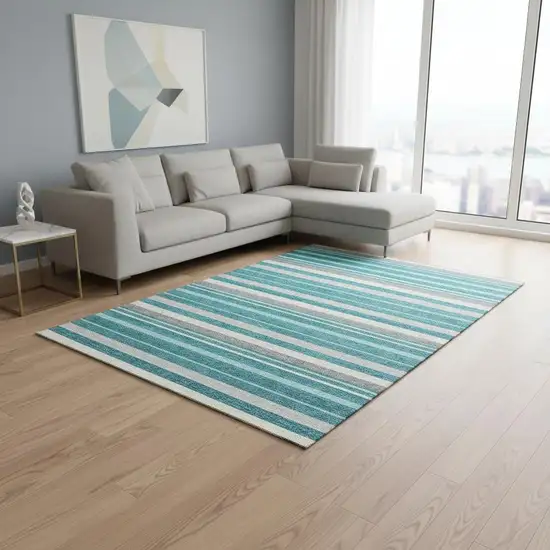 Teal Ivory And Gray Striped Washable Area Rug With UV Protection Photo 2