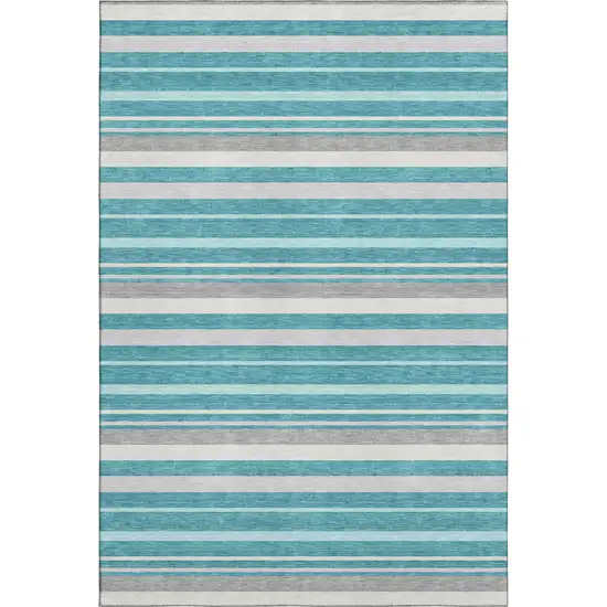 Teal Ivory And Gray Striped Washable Area Rug With UV Protection Photo 1