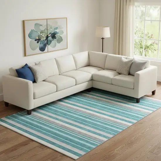 Teal Ivory And Gray Striped Washable Area Rug With UV Protection Photo 1