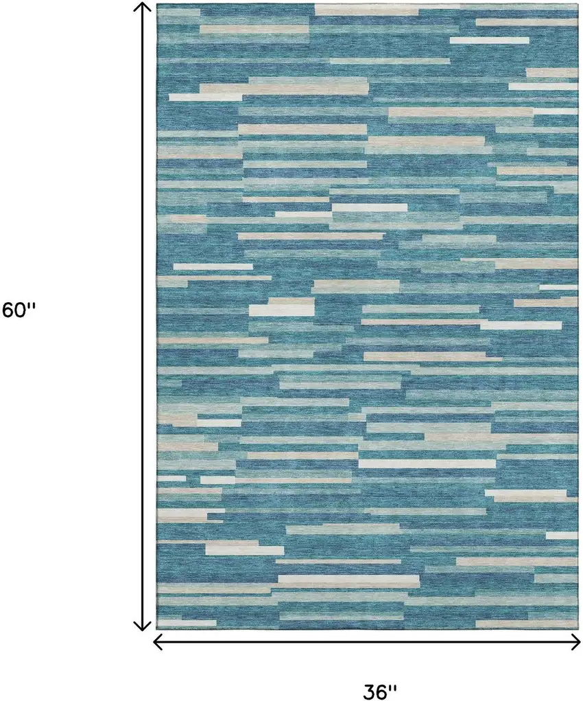 Teal Ivory And Gray Striped Washable Area Rug With UV Protection Photo 3