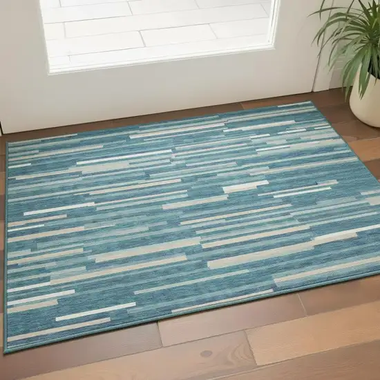 Teal Ivory And Gray Striped Washable Area Rug With UV Protection Photo 2