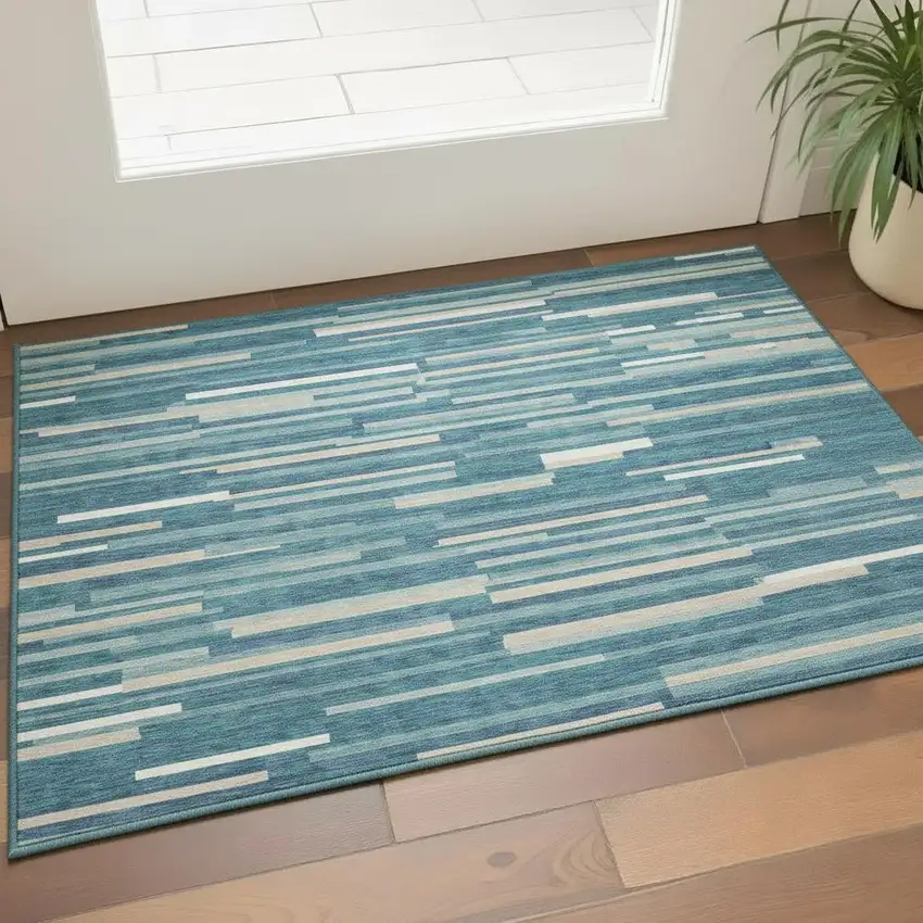 Teal Ivory And Gray Striped Washable Area Rug With UV Protection Photo 2
