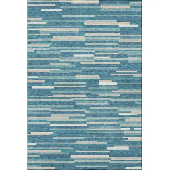 Teal Ivory And Gray Striped Washable Area Rug With UV Protection Photo 4