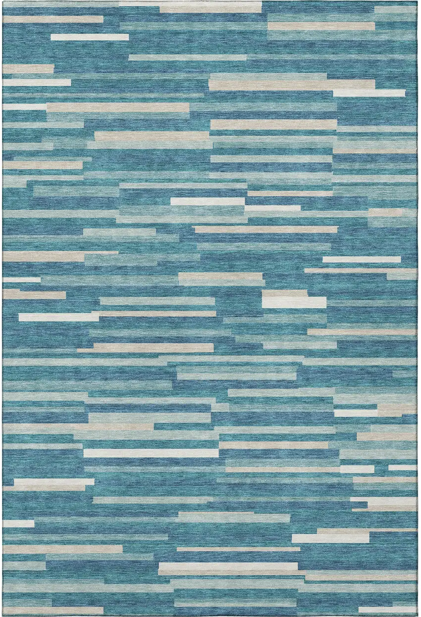 Teal Ivory And Gray Striped Washable Area Rug With UV Protection Photo 4
