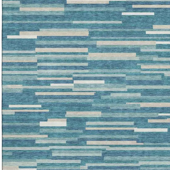 Teal Ivory And Gray Striped Washable Area Rug With UV Protection Photo 3