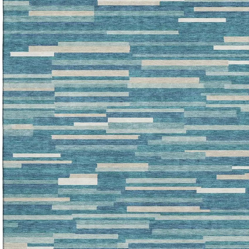 Teal Ivory And Gray Striped Washable Area Rug With UV Protection Photo 3