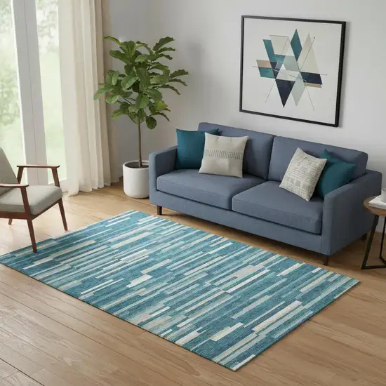Teal Ivory And Gray Striped Washable Area Rug With UV Protection Photo 1
