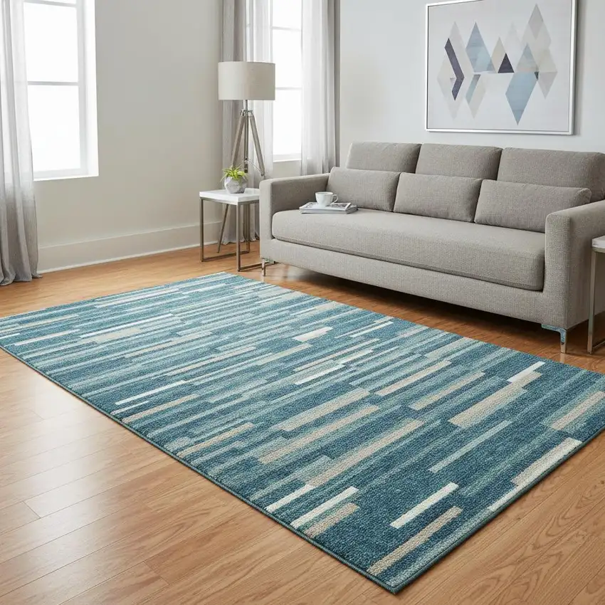 Teal Ivory And Gray Striped Washable Area Rug With UV Protection Photo 2