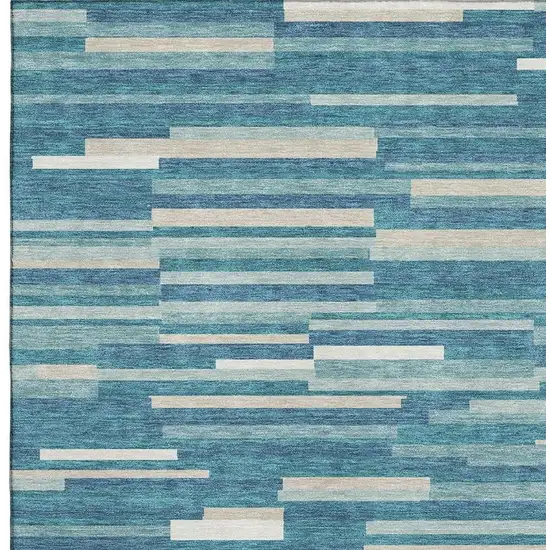 Teal Ivory And Gray Striped Washable Area Rug With UV Protection Photo 3