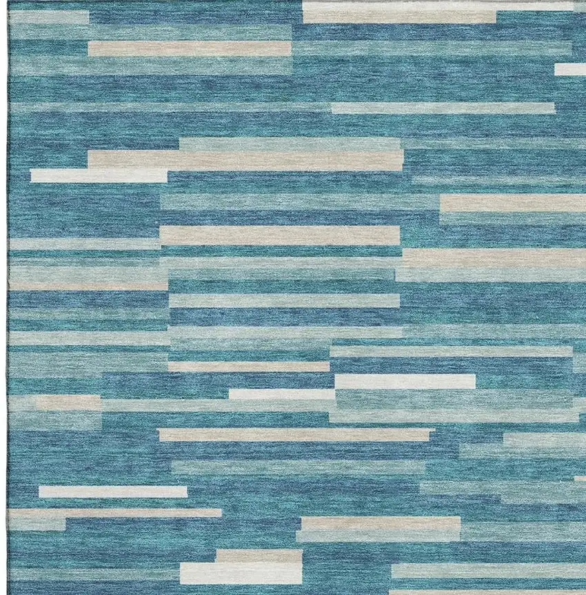 Teal Ivory And Gray Striped Washable Area Rug With UV Protection Photo 3