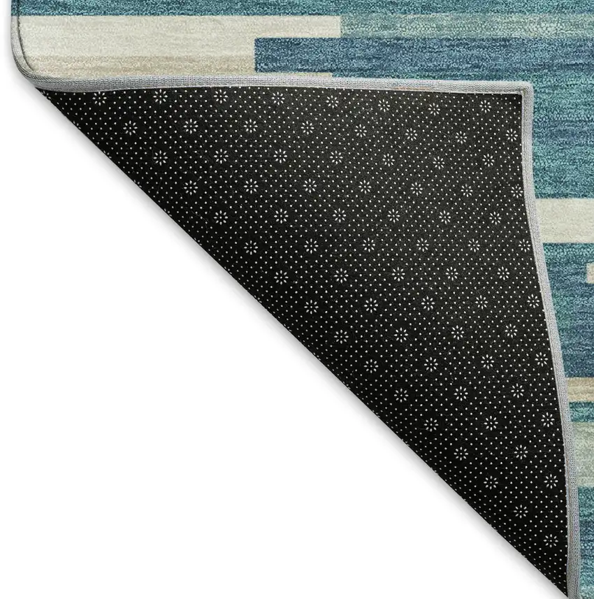 Teal Ivory And Gray Striped Washable Area Rug With UV Protection Photo 7