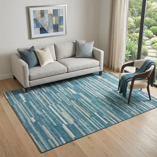 Teal Ivory And Gray Striped Washable Area Rug With UV Protection Photo 1