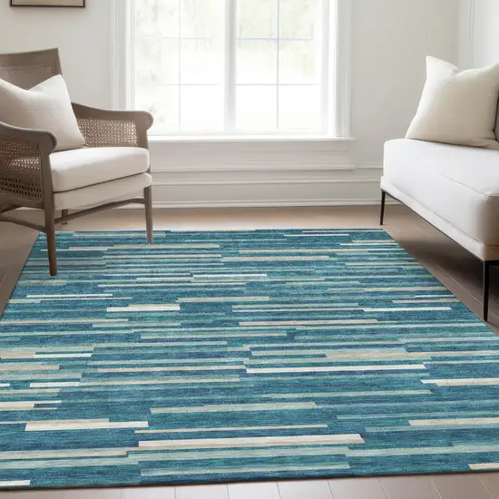 Teal Ivory And Gray Striped Washable Area Rug With UV Protection Photo 6