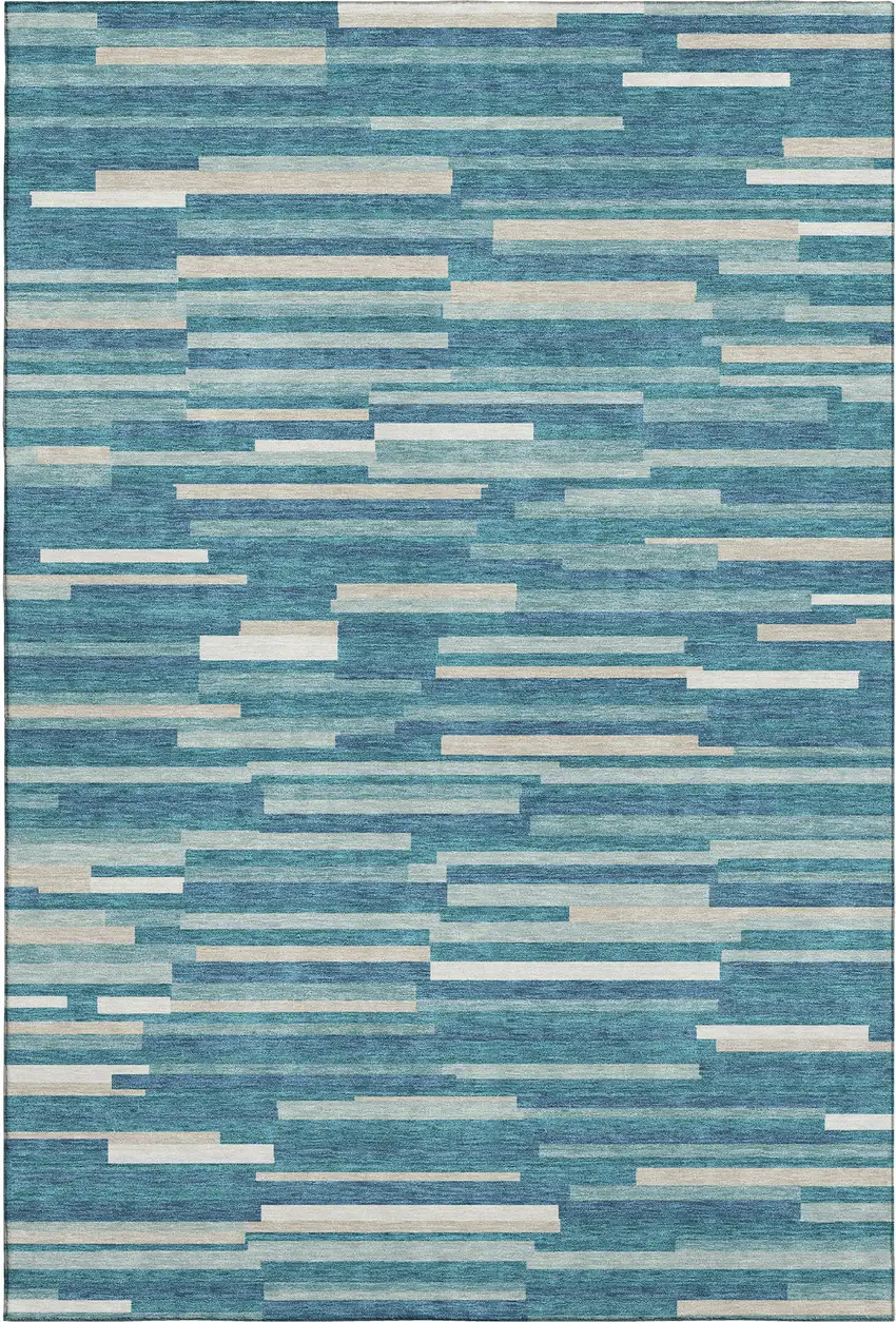 Teal Ivory And Gray Striped Washable Area Rug With UV Protection Photo 1