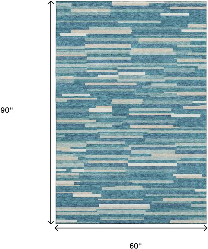 Teal Ivory And Gray Striped Washable Area Rug With UV Protection Photo 7