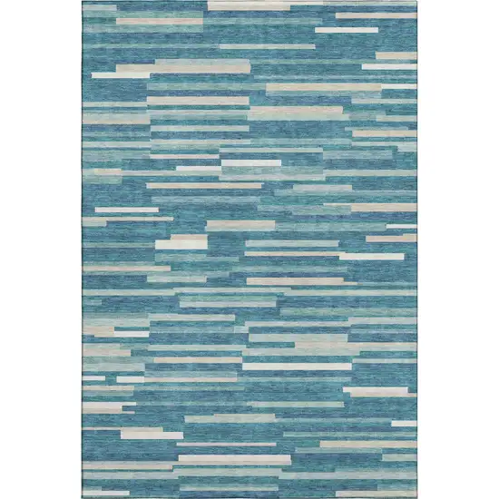 Teal Ivory And Gray Striped Washable Area Rug With UV Protection Photo 1