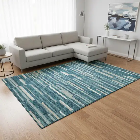 Teal Ivory And Gray Striped Washable Area Rug With UV Protection Photo 2