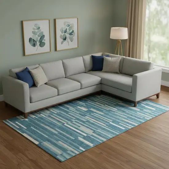 Teal Ivory And Gray Striped Washable Area Rug With UV Protection Photo 1