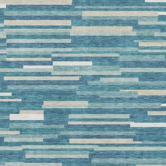 Teal Ivory And Gray Striped Washable Area Rug With UV Protection Photo 3
