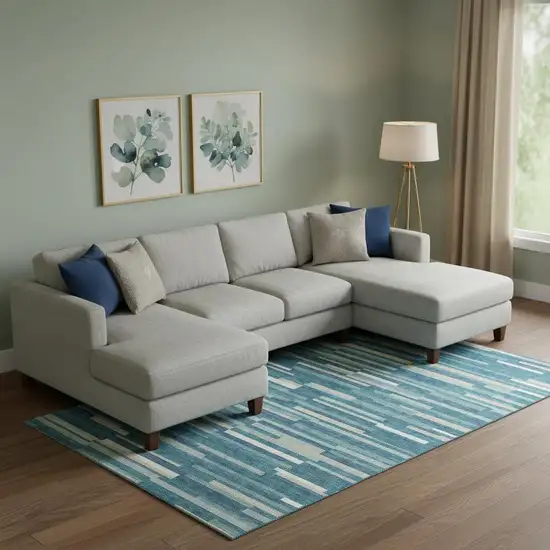 Teal Ivory And Gray Striped Washable Area Rug With UV Protection Photo 1