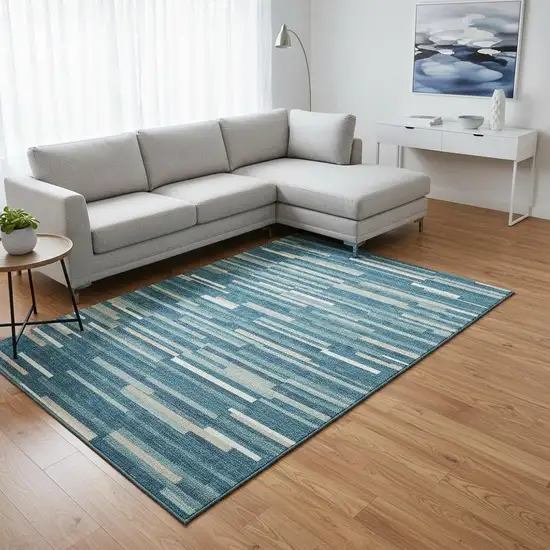 Teal Ivory And Gray Striped Washable Area Rug With UV Protection Photo 2
