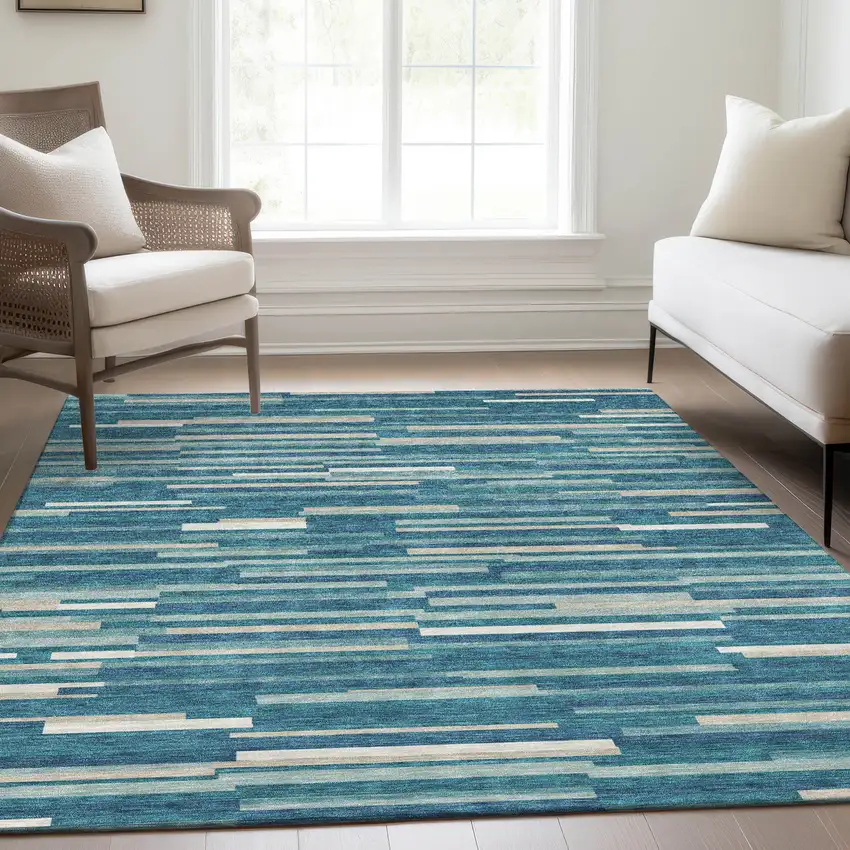 Teal Ivory And Gray Striped Washable Area Rug With UV Protection Photo 6