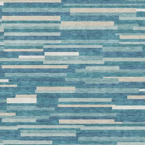 Teal Ivory And Gray Striped Washable Area Rug With UV Protection Photo 3